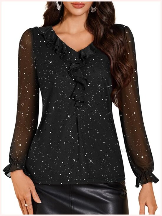 Tops - Sequin Ruffle V Neck Long Sleeve Mesh Party Tunic Blouse